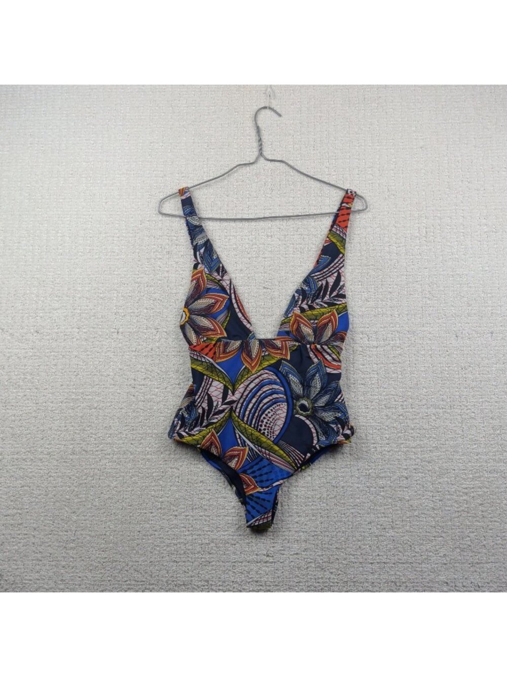 Zara Tropical Floral One Piece Swimsuit Deep V Neck Cross Back Green Orange S